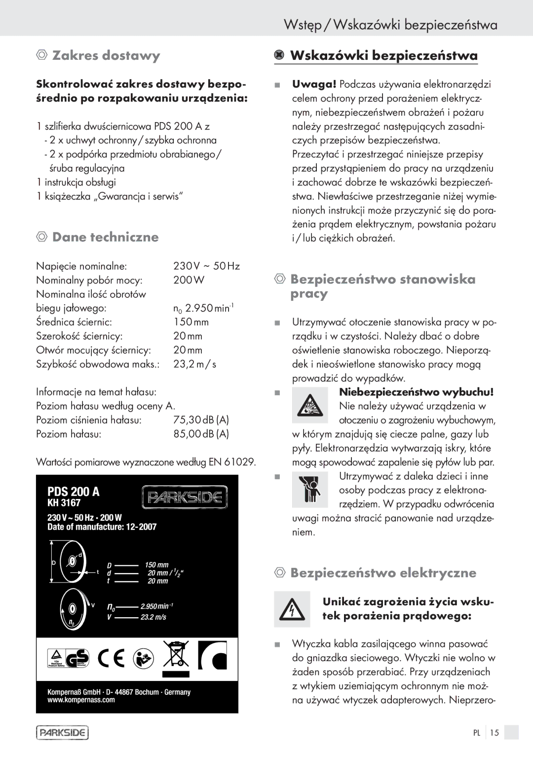 Parkside PDS 200A manual Wstęp / Wskazówki bezpieczeństwa, Zakres dostawy, Dane techniczne, Bezpieczeństwo stanowiska pracy 